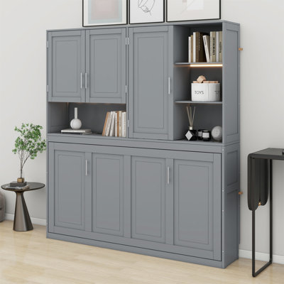 Lit escamotable mural avec armoire supérieure, tablettes, lit pliable peu encombrant avec éclairage et port USB