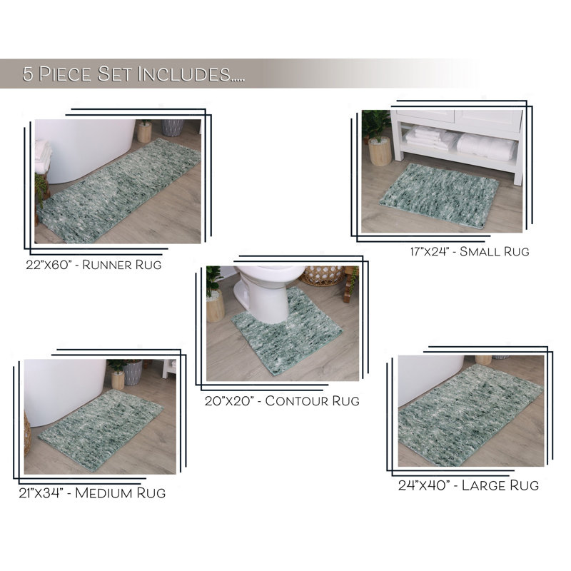 Cloud Comfort 100% Polyester Microfiber Bath Rug Set, Non Slip & Soft Shaggy Bath Rugs - 5Pc Set, Green