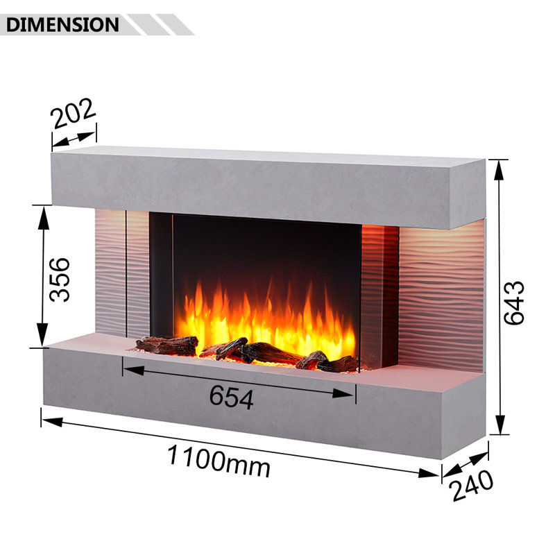KINGSTON FLAMME Electric Fireplace with, Cement Grey, 60cm H x 110cm W x 25cm D
