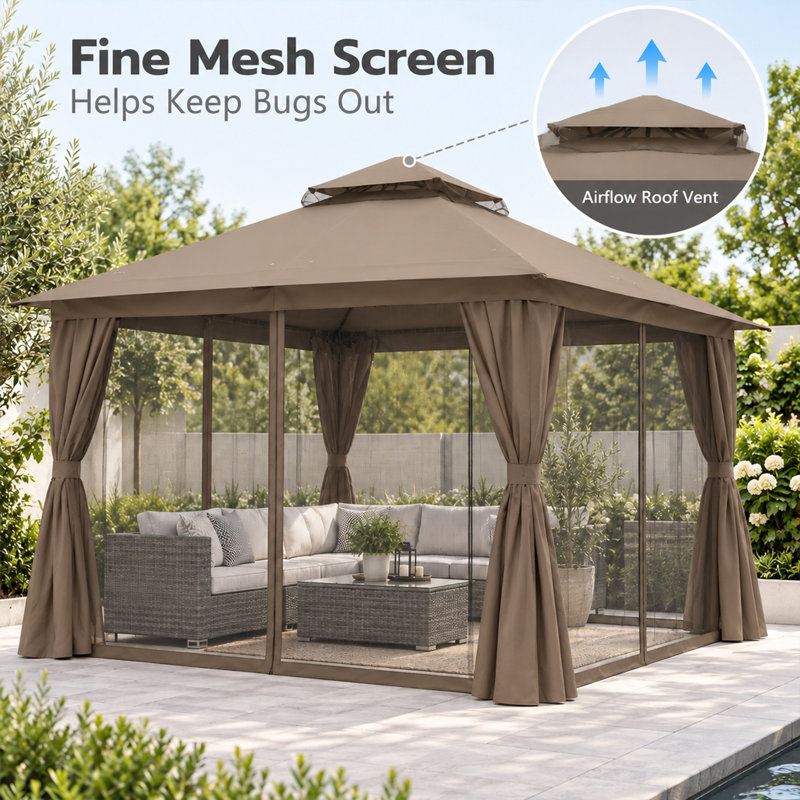 10 x 10 Ft Soft Top Patio Gazebo with 2-Tier Canopy, Mesh Netting and Privacy Curtains, Galvanized Steel Outdoor Canopy for Backyard Deck and Garden
