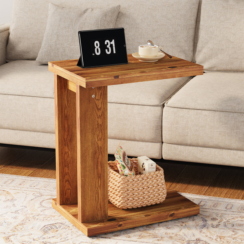 19.7" Solid Wood C-Shaped End Table, Sofa Side Table for Couch, Living Room