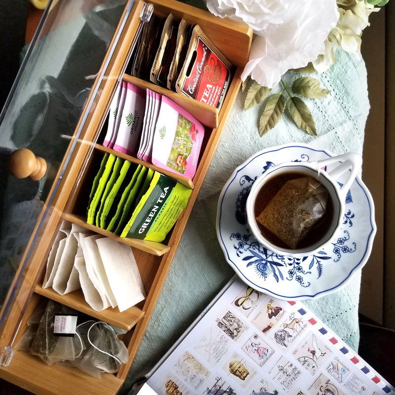 Natural Bamboo and Acrylic 5-Section Tea Box Organizer