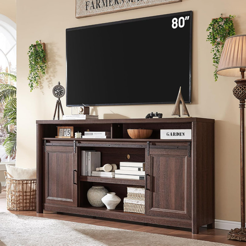 38" Tall Farmhouse Walnut TV Stand for 80 Inch TV,  Media Cabinet with Storage Doors, Entertainment Center for Living Room
