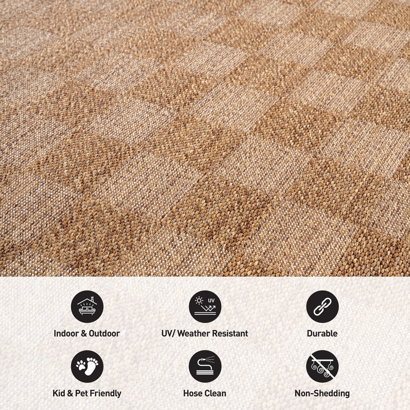 Checkered Sand/Natural Easy-Care Jute-Style Indoor/Outdoor Flat Woven Area Rug, Sand, Rectangle 4' x 6'