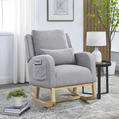 Modern Accent High Back Rocking Chair With Lumbar Pillow And Side Pockets, Teddy Fabric For Comfort And Style