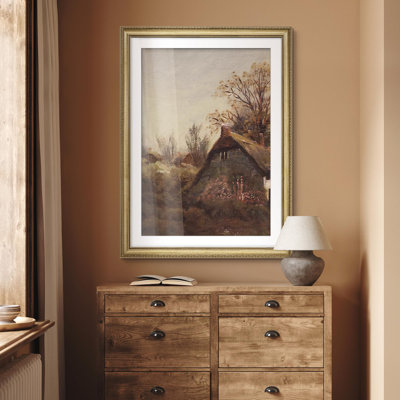 «Rustic Countryside Cottage Cozy toit de chaume Cottage Impressionnisme doré, décoration murale»