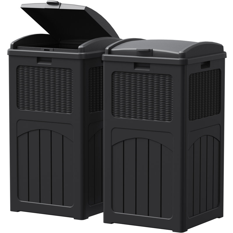 Devoko 32 Gallon Set of 2 Outdoor Plastic Trash Cans, Waterproof Manual Lift Trash Hideaway Container, Black