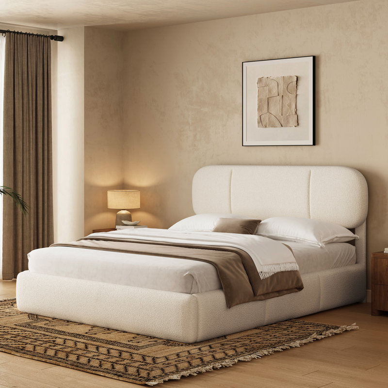 Lamb Wool-Like Fabric Platform Bed, Warm Upholstery Bed Frame For Bedroom, Beige, Queen