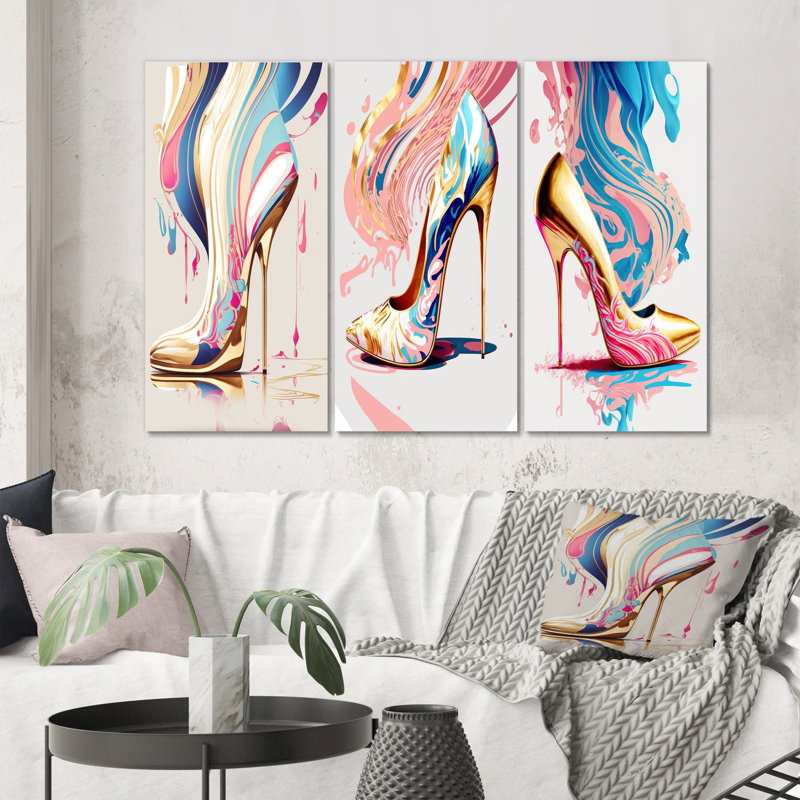 Rose et bleu, art déco, bottes à talons hauts I sur toile, 3 pièces, H 32 po x l 48 po x P 1 po