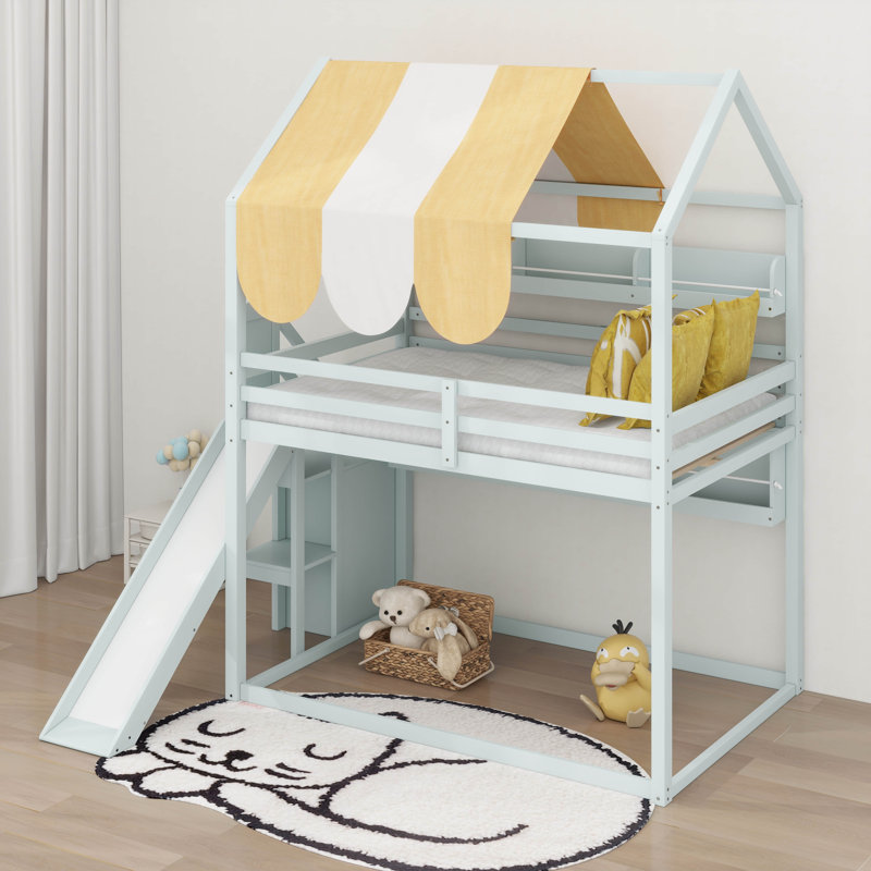 Full Size House Loft Bed With Canopy & Slide, Built-In Bookshelves, Playhouse Loft Bed With Storage, Light Green
