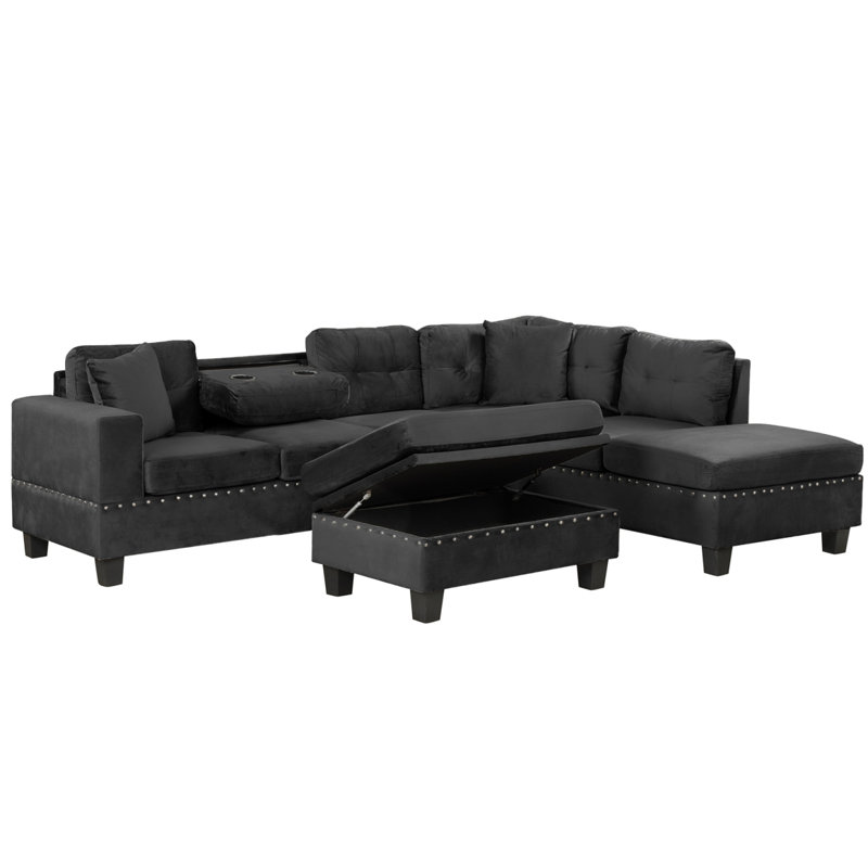 Canapé modulaire de 105 po avec repose-pieds avec rangement, canapé en L avec 2 coussins et porte-gobelets, canapé modulaire avec méridienne réversible pour le salon