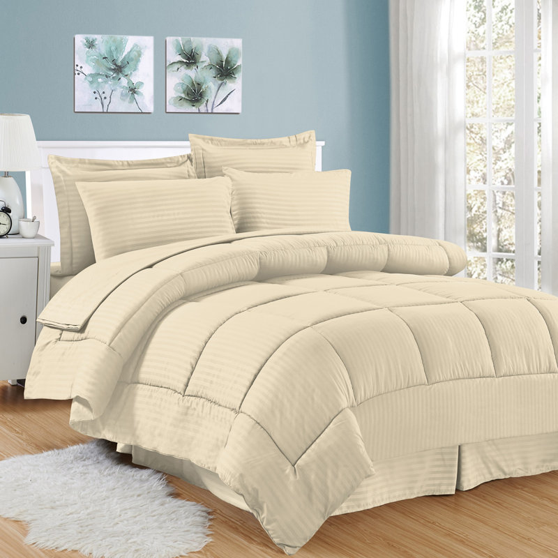 Ensemble d'édredon à rayures Dobby, Beige, Édredon très grand et 7 pièces supplémentaires