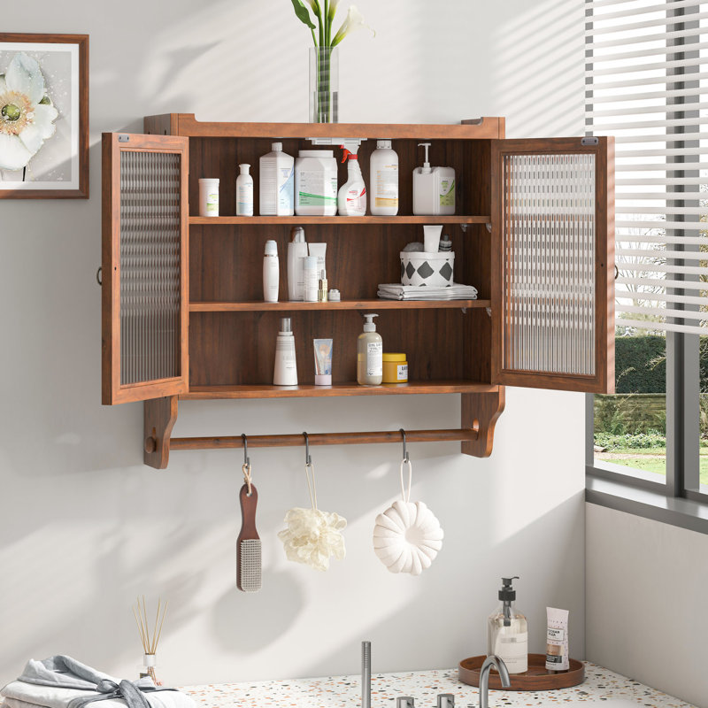 Armoire brune avec trois compartiments de rangement - porte en verre de 24,8 po pour diverses salles de bain, brun, porte-serviettes