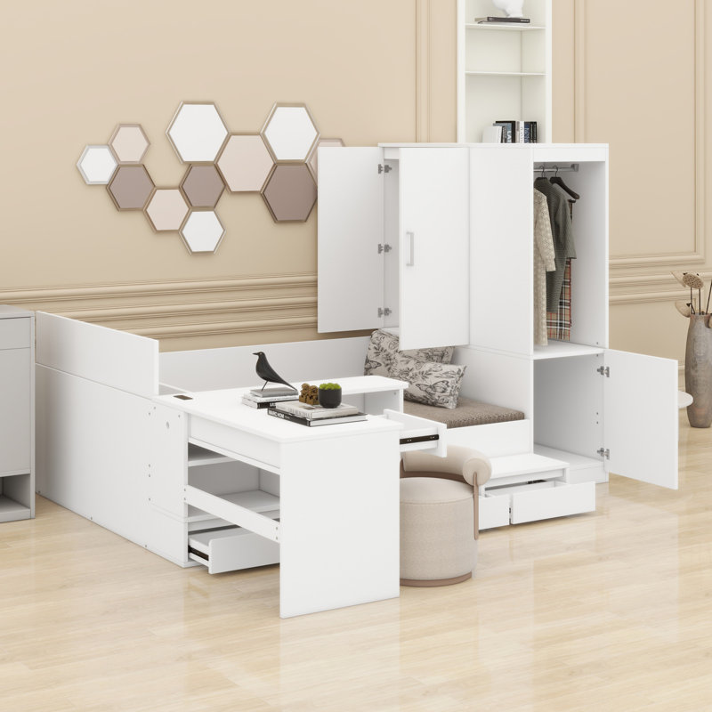 Lit plateforme en bois avec tiroirs, tablettes, bureau et garde-robe, Blanc