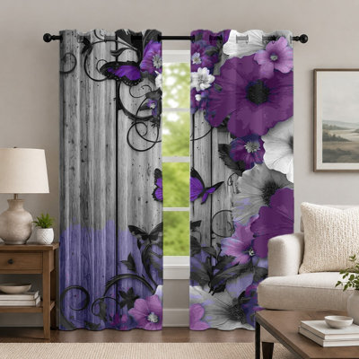Ensemble de 2 rideaux à fleurs et papillons, style rustique imitation bois, imprimé floral moderne, œillets, décoration idéale pour la chambre ou le salon.