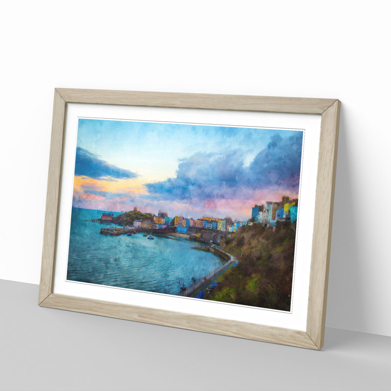 Tenby Harbour in Pembrokeshire Wales - Picture Frame Painting Print, Oak, 33cm H x 45cm W x 2cm D