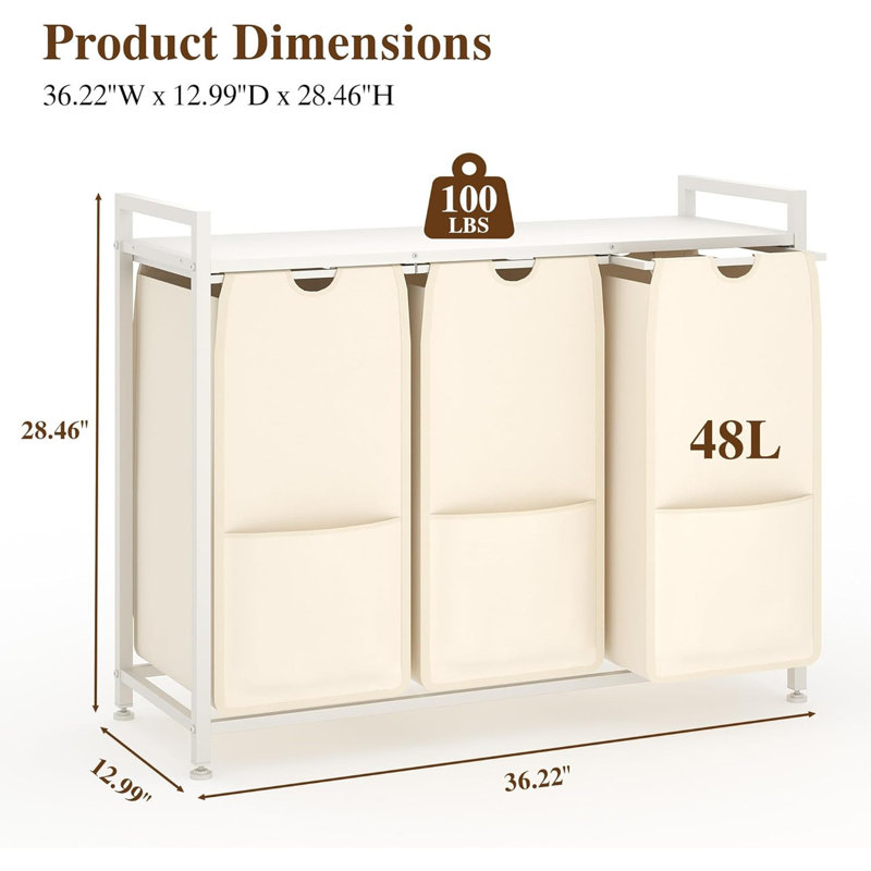 Ensemble de 3 paniers à linge avec tablette - tissu Oxford de 12,8 gallons, coulissant pour la salle de bain / salle de bain
