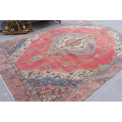 Tapis Oushak marocain rétro fait à la main en rouge éclatant surdimensionné turc