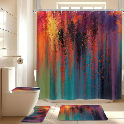 4 pièces de rideau de douche à peinture abstraite, peinture vibrante avec 12 crochets inclus, tapis de bain antidérapant, tapis de toilette en U, couvercle de couvercle de toilette, accessoires de salle de bain toutes saisons