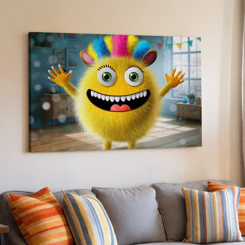 Toile, une créature moelleuse vibrante avec fourrure jaune vif et art mural coloré, H 30 po x l 40 po