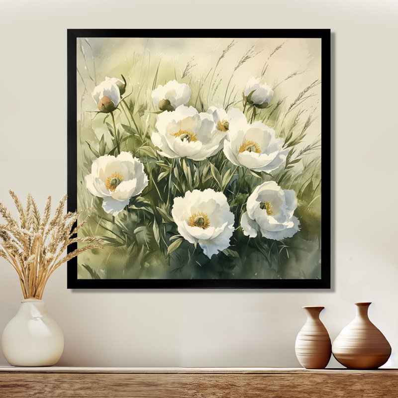 Pivoines dans le champ d'herbe - pivoines, art mural, H 16 po x l 16 po, Reproduction encadrée d'une seule photo
