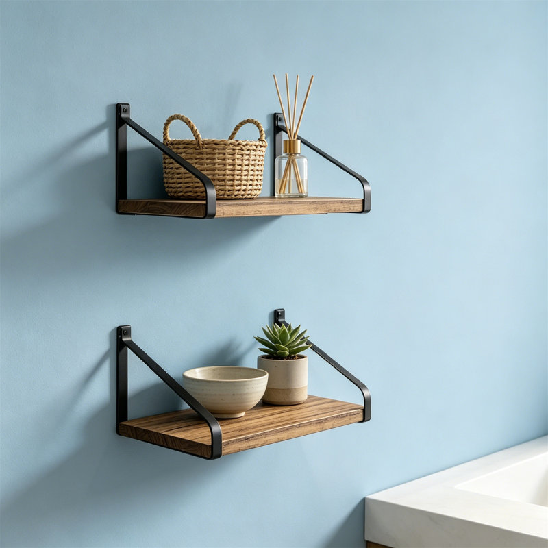 Rustic Wood Floating Shelves Wall Mount, Set of 2 Large Storage Shelves for Kitchen Living Room Bathroom, 16.5x12 Inch, Carbonized Black