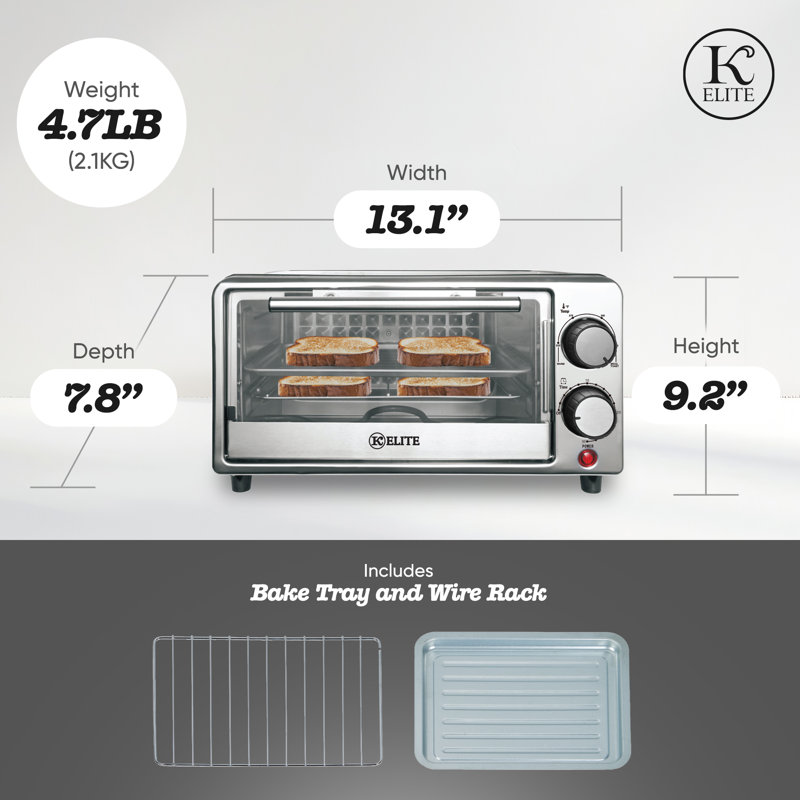 Kitchen Elite 4-Slice Compact Countertop Toaster Oven Stainless Steel Tray Black