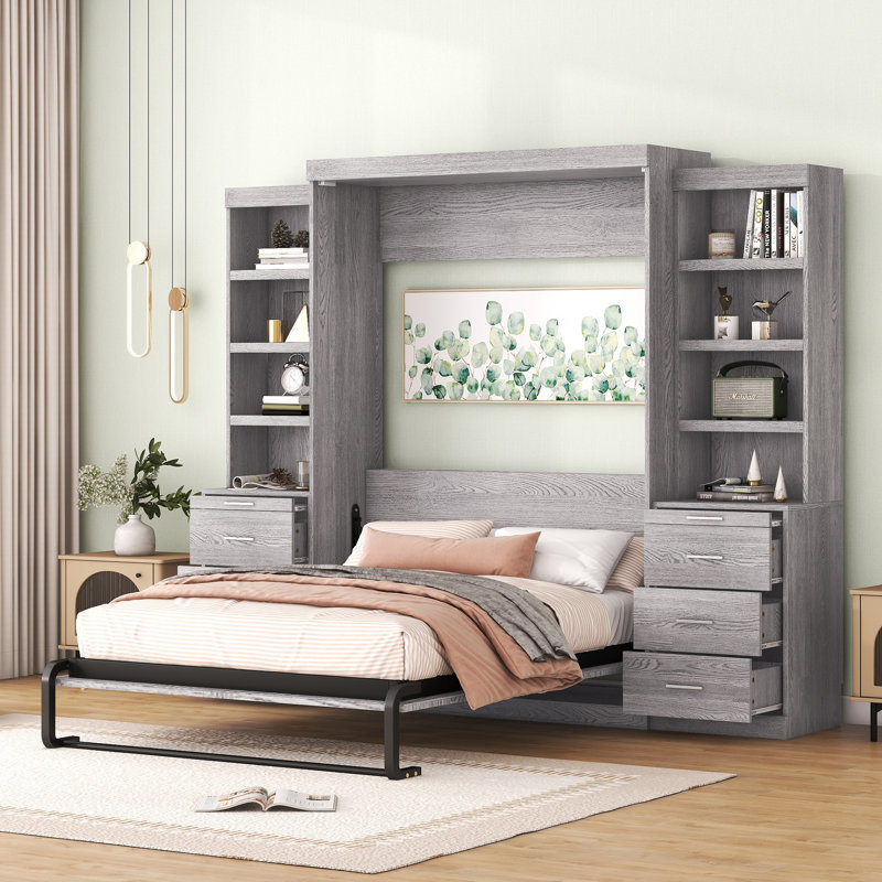  Lit escamotable double avec tablettes de rangement latérales, compartiments ouverts et cadre pliable, gris