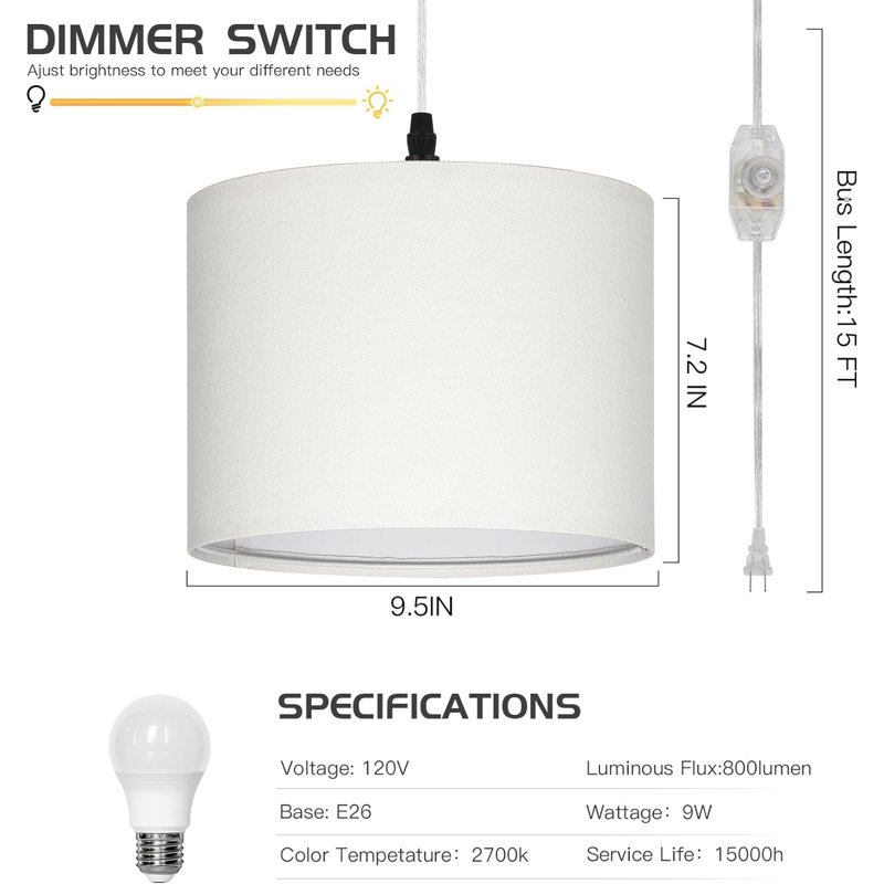 Plug in Pendant Light, Hanging Light with Plug in Cord with Dimmable Switch, Hanging Lamp, White