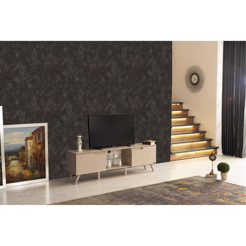 Meuble télé 66 po, beige Mid-Century moderne avec 2 armoires à portes et 1 tablette en verre, support en bois massif