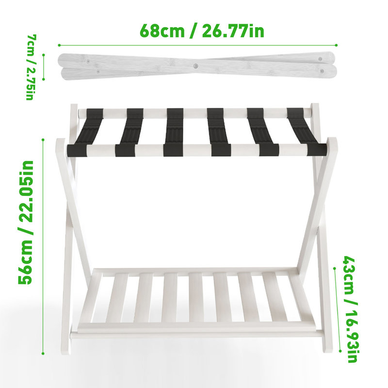 Folding Bamboo Luggage Rack, Thickened Bamboo Suitcase Stand With Storage Shelf For Hotel Bedroom Guest Room, White/Black