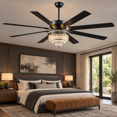 72 inch Crystal Black Ceiling Fan Luxury Fandelier With Lights And Remote Control