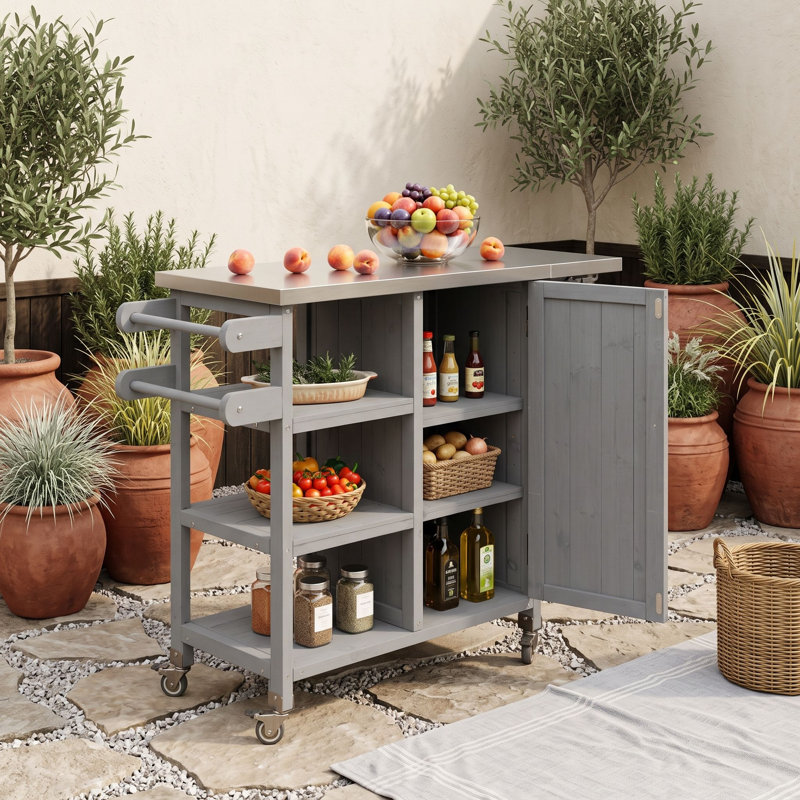 Îlot de cuisine pliable pour l'extérieur avec armoire de rangement, tablettes ouvertes et porte-serviettes, Grey
