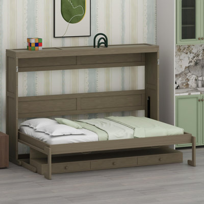 Lit escamotable avec rangement, armoire-lit pliable avec coiffeuse, miroir central et 2 tiroirs latéraux
