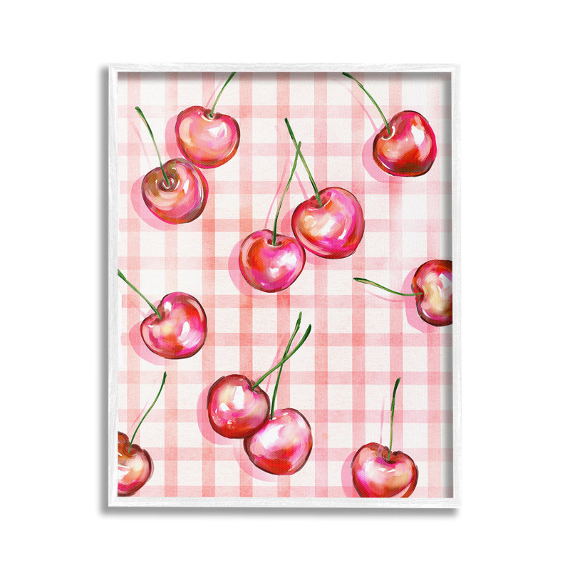 «Gingham», cerises, estampe numérique encadrée par Ziwei Li, Estampe numérique encadrée blanc bord de mer, H 30 po x l 24 po