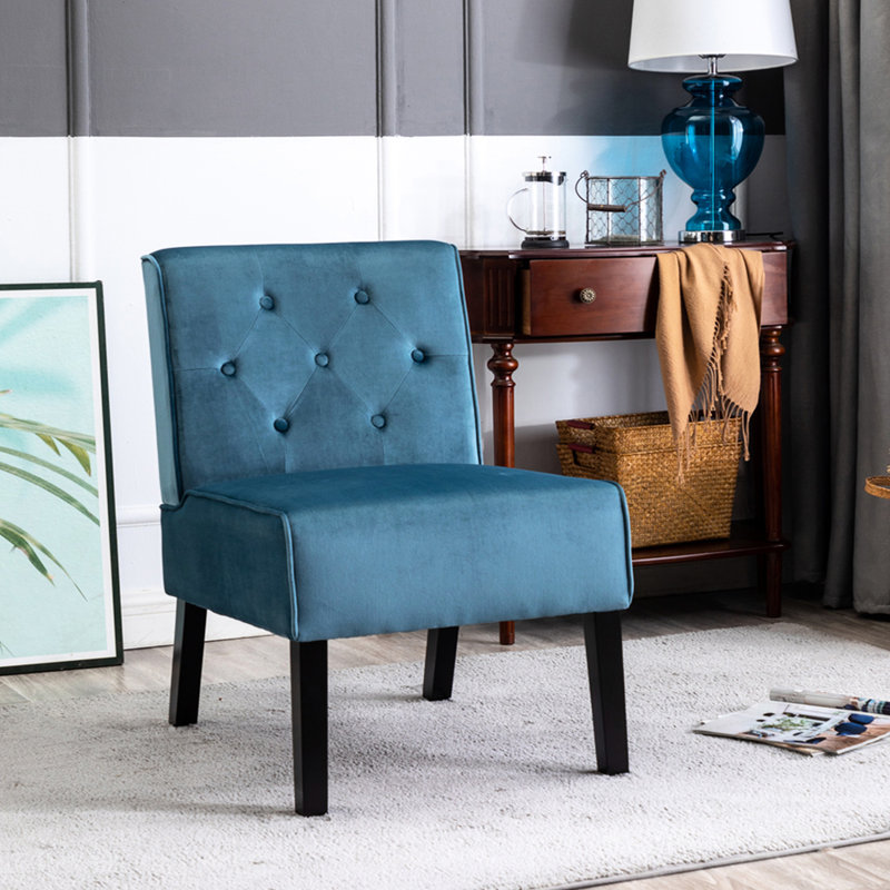 Fauteuil d'appoint à boutons avec velours bleu et coussin en mousse, pour le salon, la chambre à coucher et le bureau personnel
