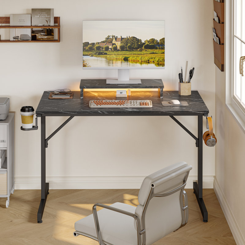 Aayliah Metal Base Computer Desk, Black Marble