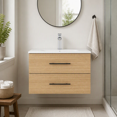 30-Inch Natural Wall-Mounted Bathroom Vanity With Sink Combo, Double Drawers,Ceramic Sink,Long Metal Handle ,Easy Installation,Natural