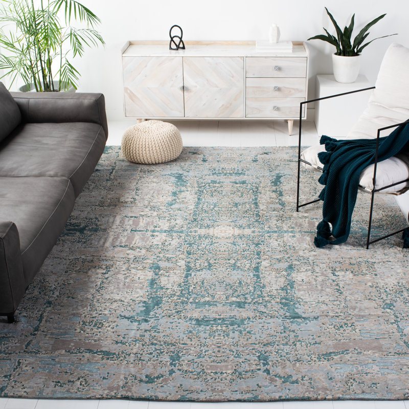 Hand-Knotted Worn Denim Abstract Wool Silk 8' x 10' Rug