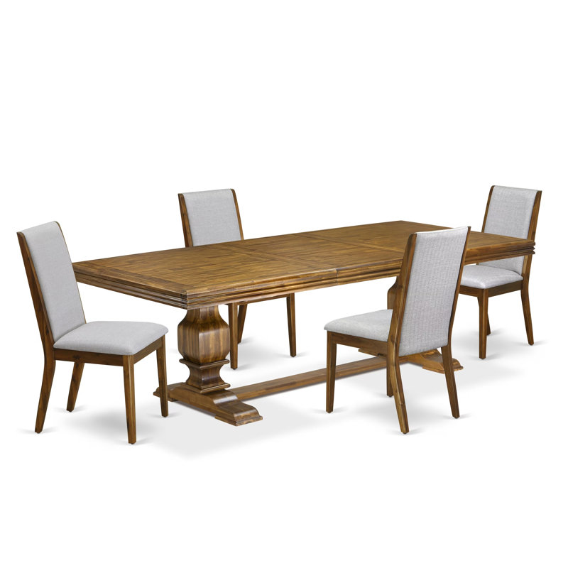 L'ensemble de table de cuisine 5 pièces se compose d'une table de salle à manger rectangulaire moderne et de 4 chaises de salle à manger en tissu de lin gris, finition noyer antique