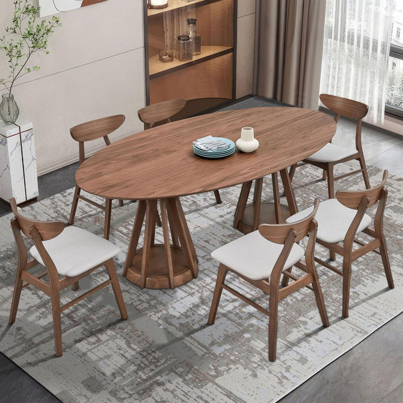 Ensemble de table de salle à manger 7 pièces 7 pièces, Noyer, Noyer / beige