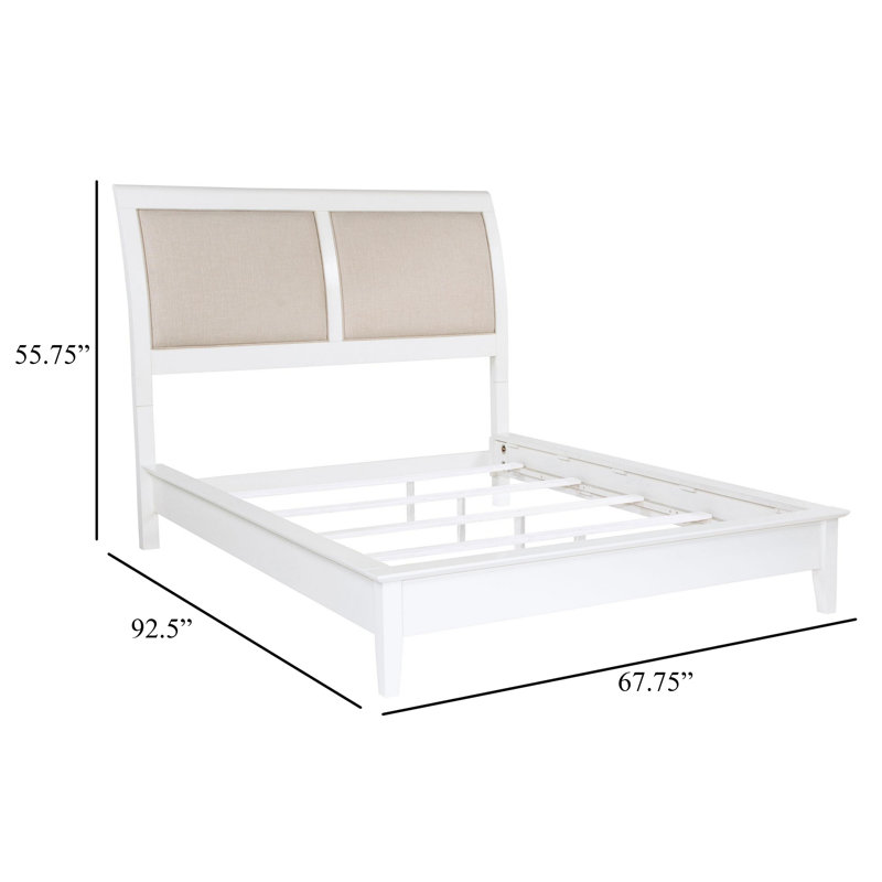 Lit Heo, tête de lit tapissier beige, bois blanc, Grand lit