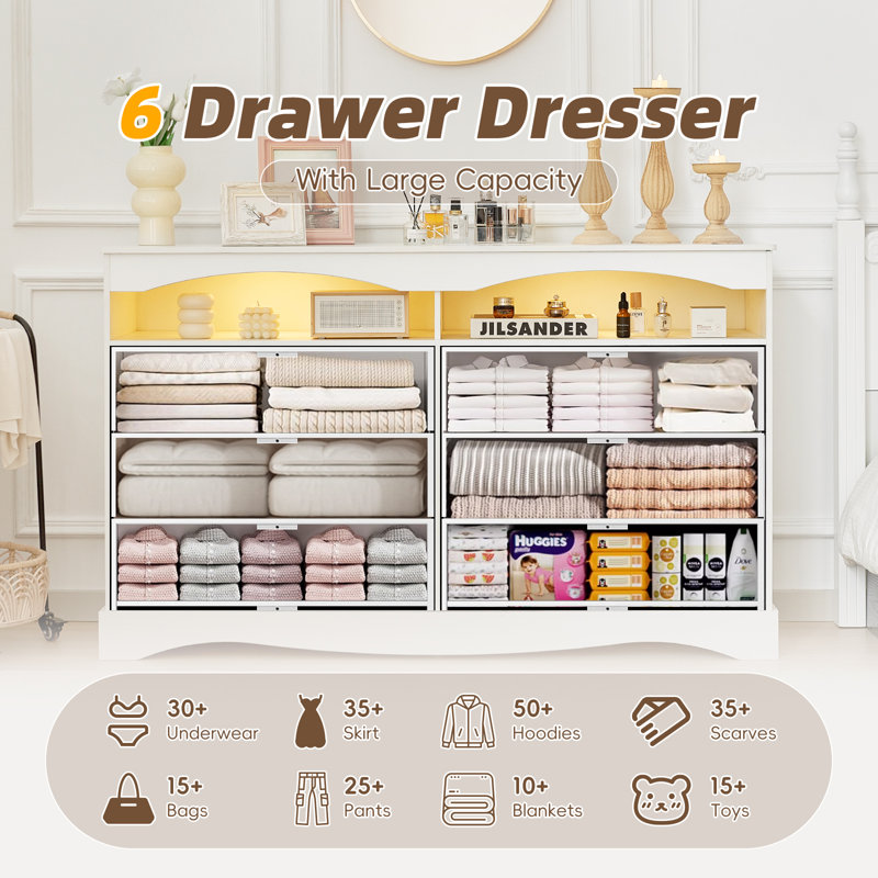 51.18"W Morden 6 Drawer Dresser Chest with Natural Texture, Wide Double Dresser With LED Light, Vintage Farmhouse Wood Closet Dresser Storage Organizer, French Country Chest of Drawers for Bedroom, Rustic TV Stand for Living Room, Gift