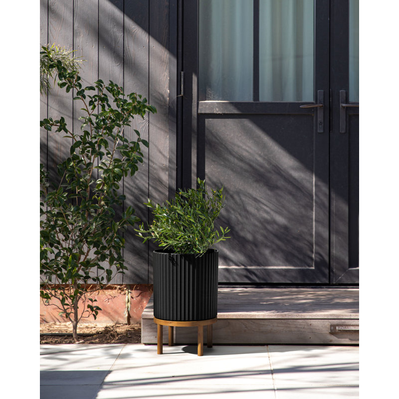 Demi Series 12" Black/Brown Planters with Acacia Wood Stand, Set of 2