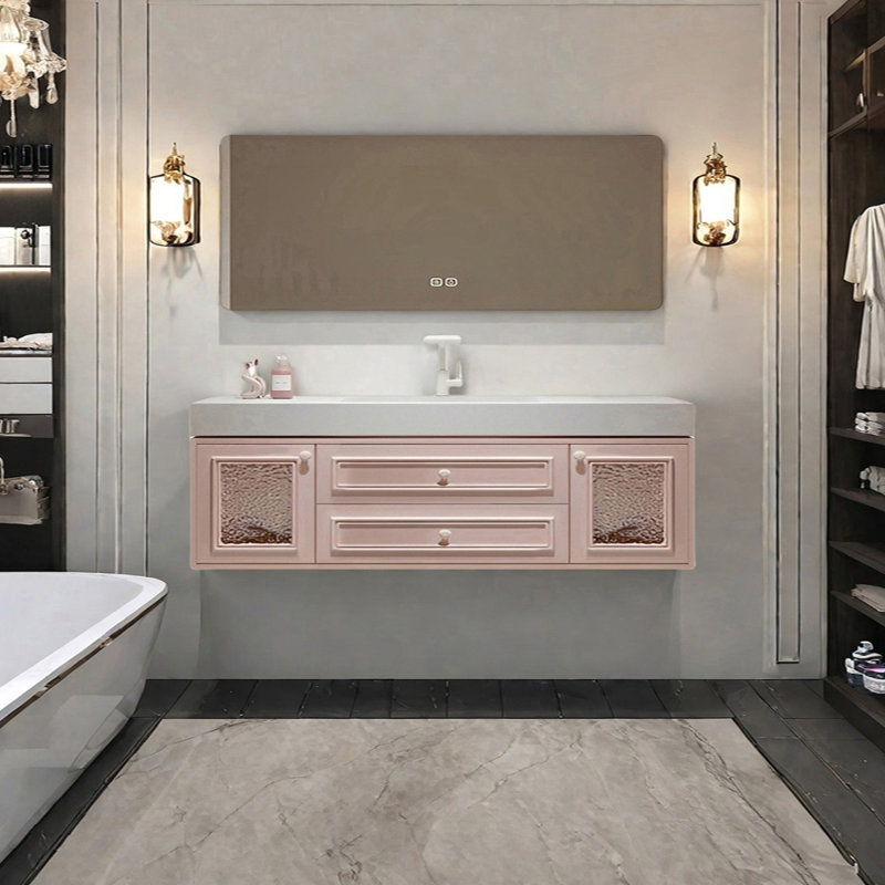 French cream style smart bathroom cabinet, 19.68" H x 70.86" W x 21.65" D, Light Pink