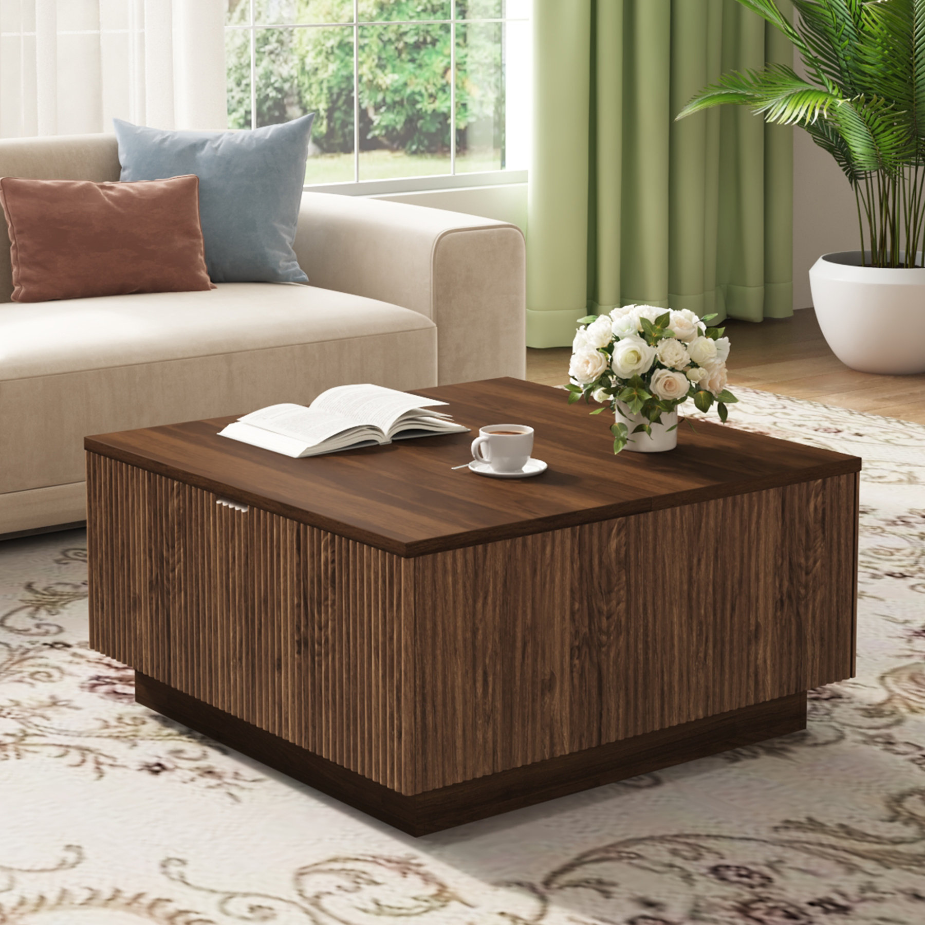 Millwood Pines 31-Inch Farmhouse Lift Top Square Coffee Center Table With Hidden Storage Compartment And Fluted Wood Board For Living Room, Apartment, Small Space & Reviews | Wayfair