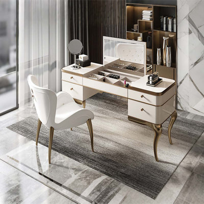 55.12"Beige Flip-Top Mirror Solid Wood Vanity Desk