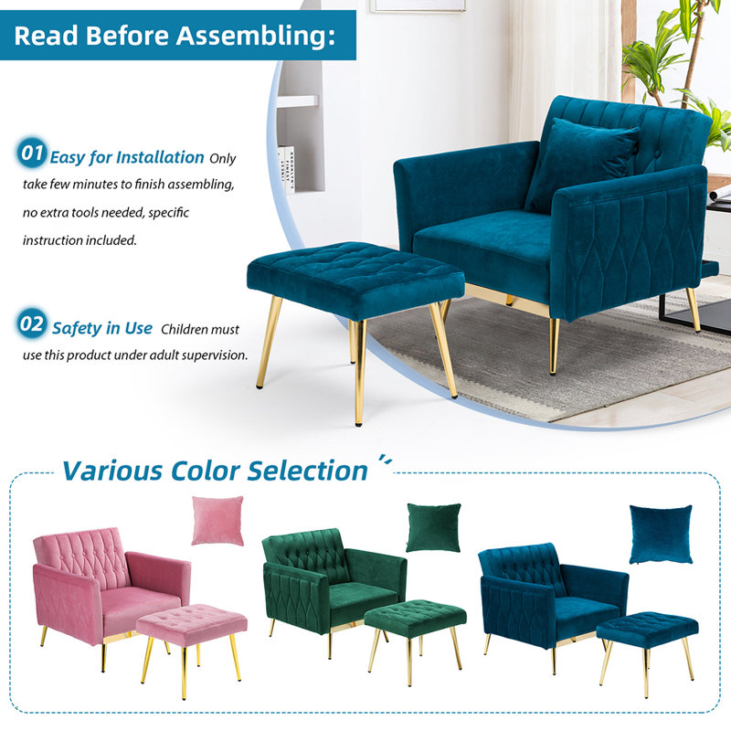 Siemon Velvet Accent Chair with Ottoman, Teal Velvet