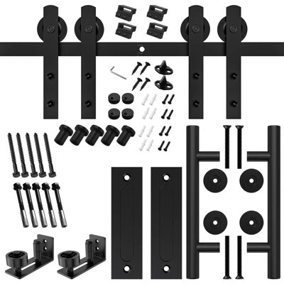 144 Inch Black Steel Barn Door Track Kit for Double Doors with 12 Inch Round Handle