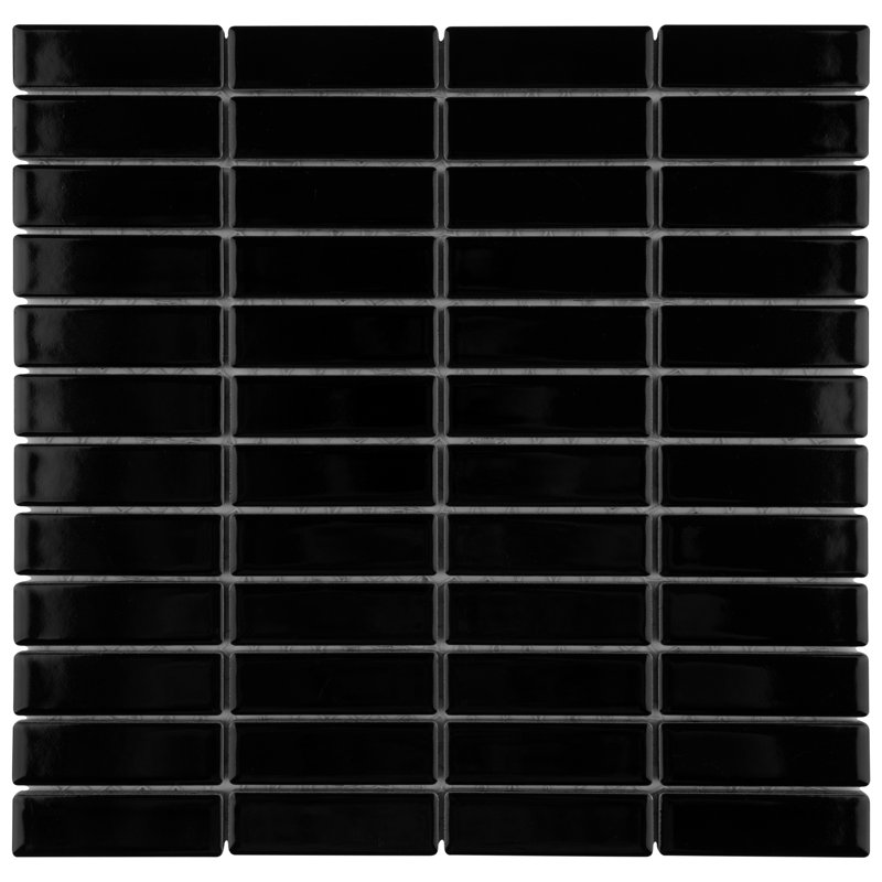 Metro Brick Stacked Glossy Black 11-1/2" x 11-3/4" Porcelain Mosaic Floor and Wall  Tile, Glossy Black